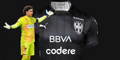 Jersey de fondo, tomado de Tienda Rayados, con Ochoa al frente