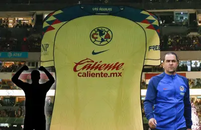 Jersey gigante del América, André Jardine caminando y futbolista con las manos alzadas/ Foto América.