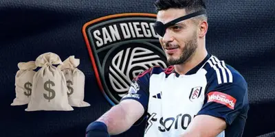 Jiménez celebrado con el Fulham y al fondo el escudo de San Diego / Foto Getty
