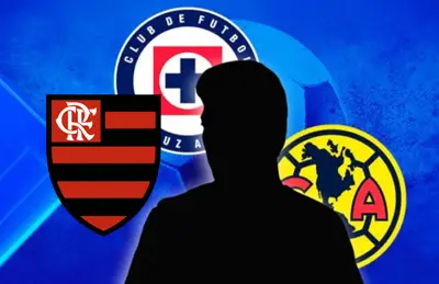 Jorge Carrascal en forma de silueta, escudos de Flamengo, América y Cruz Azul/Foto Uno TV.