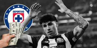 Jorge Sánchez en partido con filtro b/n. Escudo del Cruz Azul y billetes agarrados. Foto: Marca.