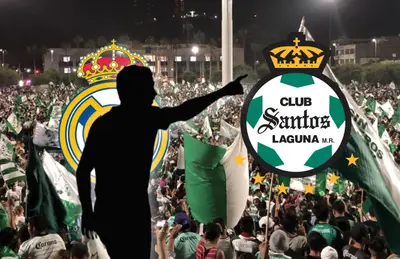 Juan Arana en forma de sombra, escudo del Real Madrid y Santos Laguna/Foto El Universal.