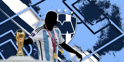Jugador campeón del mundo junto al escudo de Rayados / FOTO TYC SPORTS