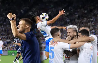 Jugador controlando el balón y Martín Anselmi/ Foto Cruz Azul.