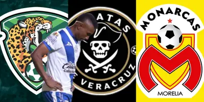 Jugador del Puebla junto a los escudos de Chiapas, Veracruz.y Morelia / FOTO INTOLERANCIA