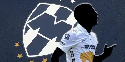 Jugador incógnito de Pumas junto al escudo de Rayados / FOTO FOX DEPORTES
