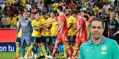 Jugadores de América y Necaxa en pleito. Foto: Bolavip