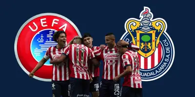 Jugadores de Chivas junto al escudo de la UEFA / FOTO ESPN MÉXICO
