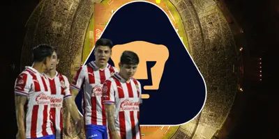 Jugadores de Chivas junto al escudo de Pumas / FOTO VANGUARDIA