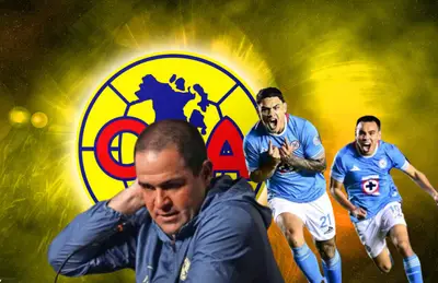 Jugadores de Cruz Azul celebrando y André Jardine tomándose la cabeza/Foto Wallpapers.com