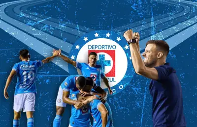 Jugadores de Cruz Azul y Martín Anselmi festejando/Foto Pinterest.