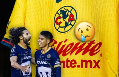 Jugadores de Pumas celebrando y playera de las Águilas junto a emoji/Foto Club América.