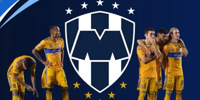 Jugadores de Tigres junto al escudo de Rayados / FOTO SDP NOTICIAS