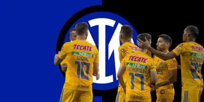 Jugadores de Tigres junto al escudo del Inter de Milán / FOTO AS MÉXICO