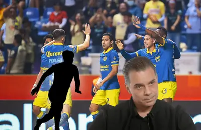 Jugadores del América celebrando, Christian Martinoli y silueta/ Foto Mexsport.