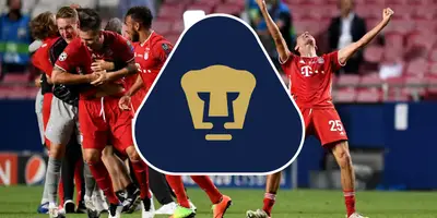 Jugadores del Bayern de fondo, foto de ESPN, con escudo de Pumas al frente