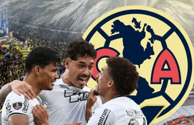 Jugadores del Botafogo y escudo del América/ Foto Estadio Azteca.