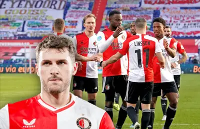 Jugadores del Feyenoord festejando y Santiago Giménez observando/ Foto Eredivise.