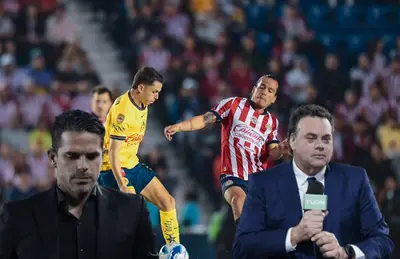 Jugadores disputando balón, David Faitelson y Fernando Gago/ Foto Mexsport.