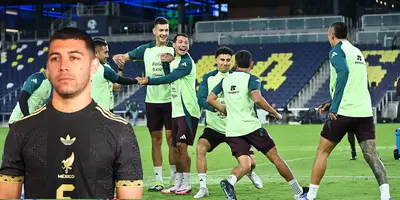 Jugadores en calentamiento, foto de Selección Mexicana, con Lira al frente