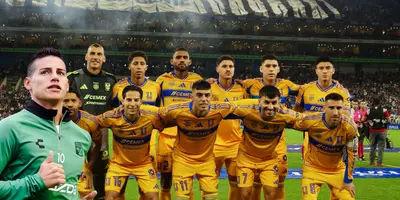 Jugadores en partido, foto de Tigres, con James al frente