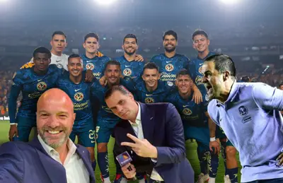Jugadores posando, André Jardine y narradores de Azteca( Foto Club América.