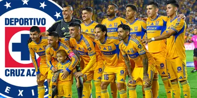 Jugadores previo a partido, todo de Tigres, con escudo de Cruz Azul