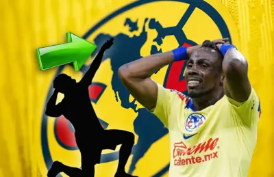 Julián Quiñones con manos en la cabeza, jugador en forma de silueta celebrando/Foto Club América.