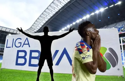 Julián Quiñones y silueta de jugador con brazos abiertos/Foto Fútbol Total.