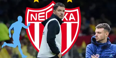 Larcamon de fondo, foto de ESPN, con escudo de Necaxa y Anselmi.