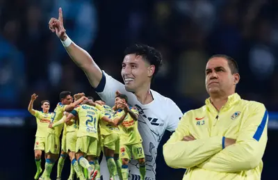 Leo Suárez festejando, jugadores del América y André Jardine/ Foto Soy Fútbol.