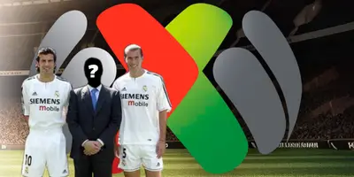 Luis Figo, personaje incógnito y Zinedine Zidane junto al logo de la Liga MX / FOTO TENLEGEND