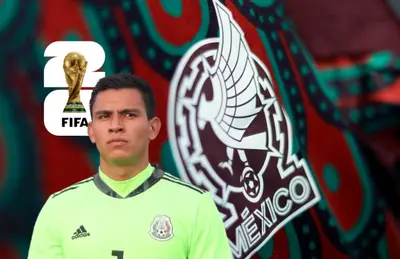 Luis Malagón y logo de la Copa del Mundo/Foto TV Azteca.