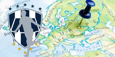 Mapa de Europa tomado de Canva, con escudo de Rayados al frente