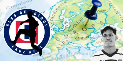 Mapa de Europa tomado de Canva, con escudo del Cruz Azul y Chiquete