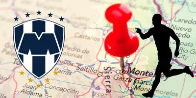 Mapa de Monterrey tomado de Canva, con escudo de Rayados al frente