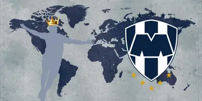Mapa del mundo tomado de Canva, con escudo de Rayados al frente