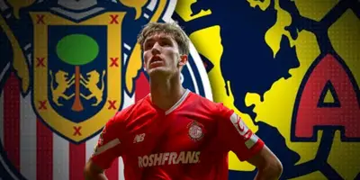 Marcel Ruiz junto a escudos de Chivas y América / FOTO FÚTBOL TOTAL