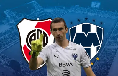 Marcelo Barovero y escudos de River Plate y Rayados/ Foto North Carolina.