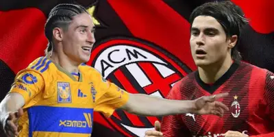 Marcelo Flores festejando con Tigres, a lado Luka Romero y el al fondo el escudo del Milan / Foto EFE