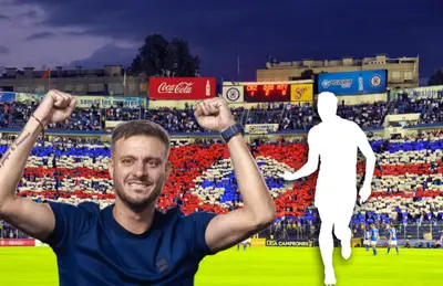 Martín Anselmi celebrando y silueta de jugador/ Foto Estadios de México.