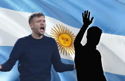 Martín Anselmi gritando y silueta de hombre con la mano alzada/ Foto El Mundo.