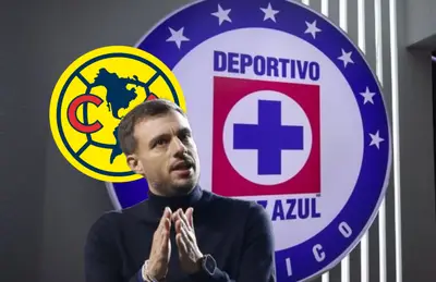 Martín Anselmi y escudos de Cruz Azul y América/ Foto Récord.