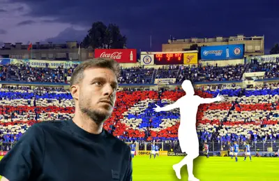 Martín Anselmi y silueta de futbolista/ Foto Estadios de México.