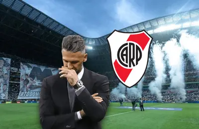 Martín Demichelis y logo de River Plate/Foto Once Diario.