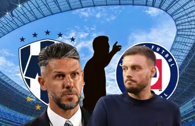 Martín Demichelis y Martín Anselmi con aspecto serio, futbolista detrás/Foto Rayados.