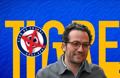 Mauricio Culebro y escudo de Cruz Azul con cruz en medio/Foto Tigres.