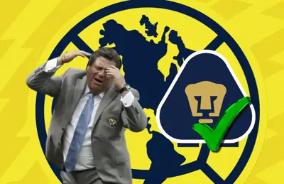 Miguel Herrera quejándose, logo de los Pumas con palomita verde/ Foto Club América.