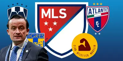 Mikel Arriola junto a escudos del fútbol mexicano y MLS / FOTO MEXSPORT