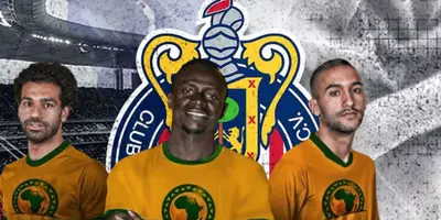 Mohamed Salah, Sadio Mané y Hakim Ziyech junto al escudo de Chivas / FOTO YOUTUBE
